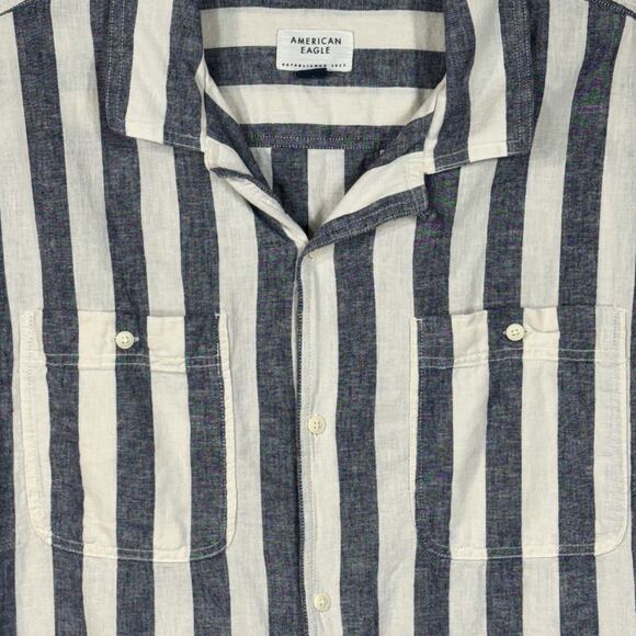 American Eagle XX-Large Mens Poolside Shirt Button-Up Striped Linen Blend Pocket - Picture 2 of 6